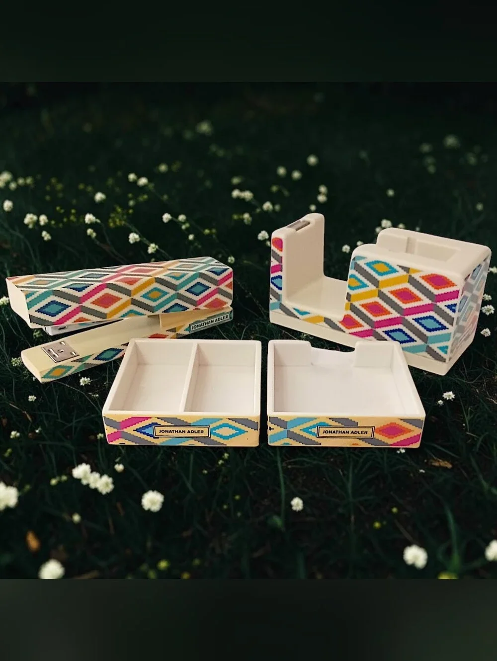 Vintage Jonathan Adler Desk Set Organizer Tape Dispenser Stapler Memo Tray 4‎ Pc